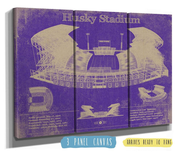 36" x 24" / 3 Panel Canvas Wrap Cutler West Washington Huskies Art - Husky Stadium Vintage Stadium Blueprint Art Print
