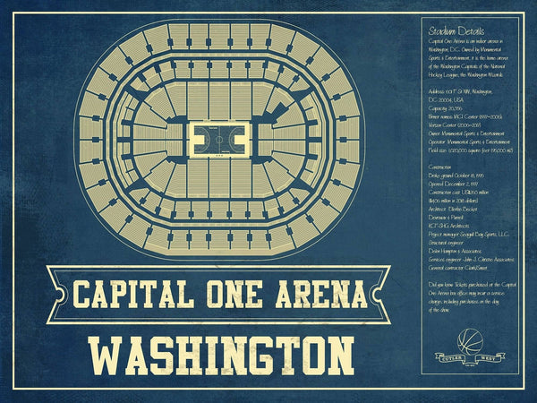 14" x 11" / Unframed Cutler West Washington Wizards - Capital One Arena Vintage Basketball Blueprint NBA Print