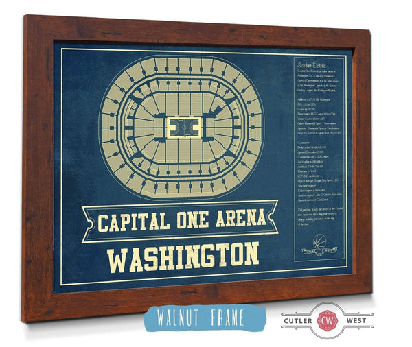 20" x 16" / Walnut Frame Cutler West Washington Wizards - Capital One Arena Vintage Basketball Blueprint NBA Print