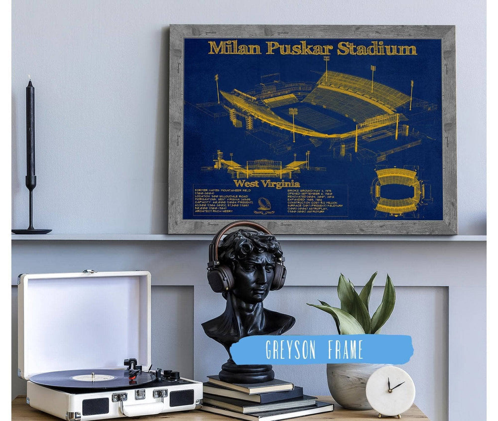 14" x 11" / Stretched Canvas Wrap Cutler West West Virginia Mountaineers Team Color - Mountaineer Field at Milan Puskar Stadium Blueprint