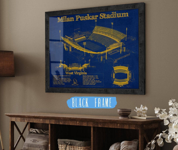 20" x 16" / Black Frame Cutler West West Virginia Mountaineers Team Color - Mountaineer Field at Milan Puskar Stadium Blueprint