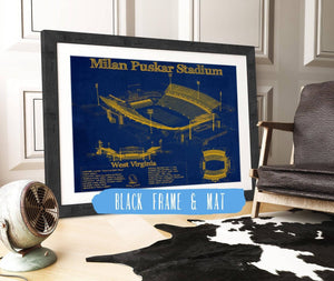 20" x 16" / Black Frame & Mat Cutler West West Virginia Mountaineers Team Color - Mountaineer Field at Milan Puskar Stadium Blueprint