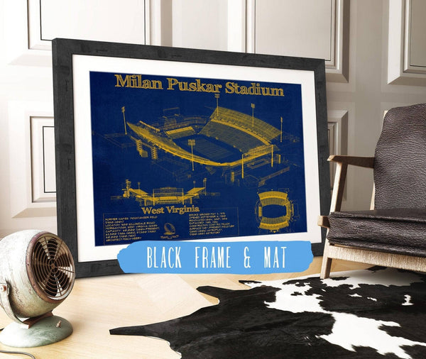 20" x 16" / Black Frame & Mat Cutler West West Virginia Mountaineers Team Color - Mountaineer Field at Milan Puskar Stadium Blueprint