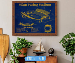 20" x 16" / Walnut Frame Cutler West West Virginia Mountaineers Team Color - Mountaineer Field at Milan Puskar Stadium Blueprint