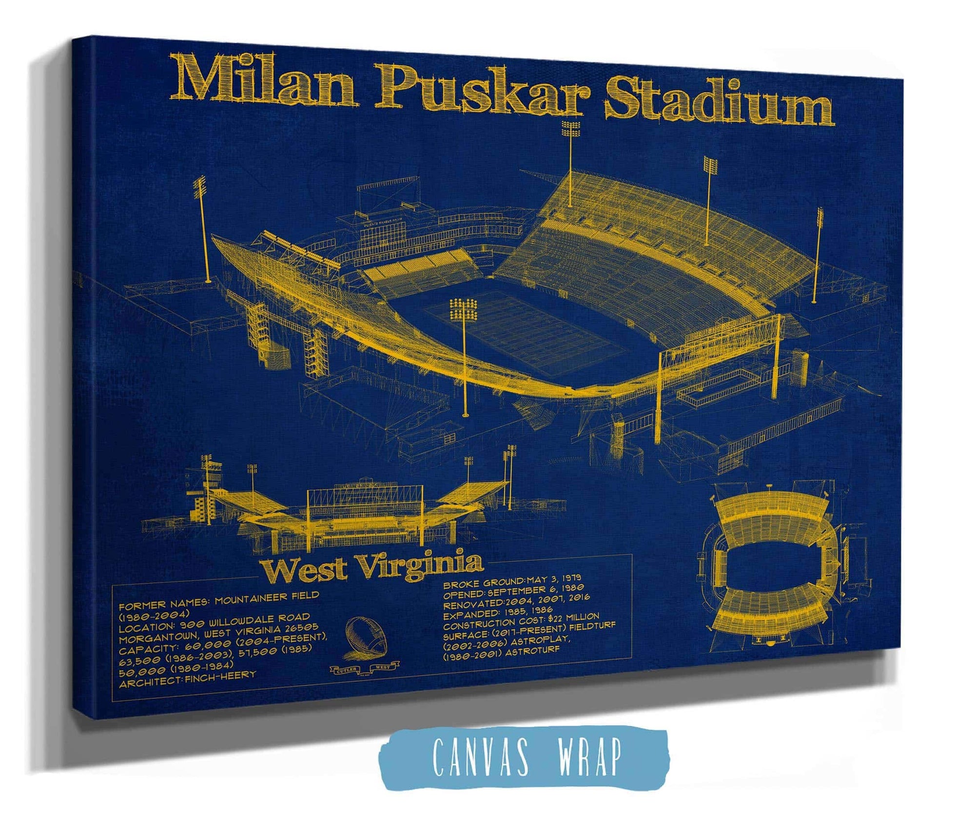 Cutler West West Virginia Mountaineers Team Color - Mountaineer Field at Milan Puskar Stadium Blueprint