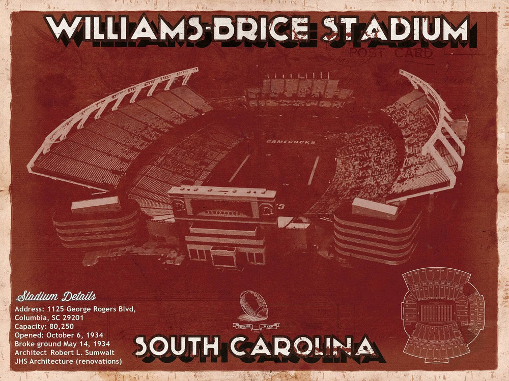 14" x 11" / Stretched Canvas Wrap Cutler West Williams-Brice Stadium Art - South Carolina Gamecocks Vintage Blueprint Art Chart