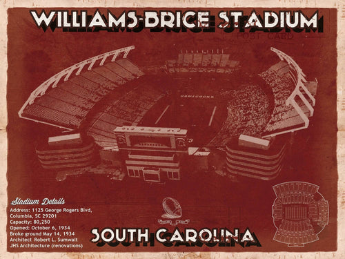 14" x 11" / Unframed Cutler West Williams-Brice Stadium Art - South Carolina Gamecocks Vintage Blueprint Art Chart
