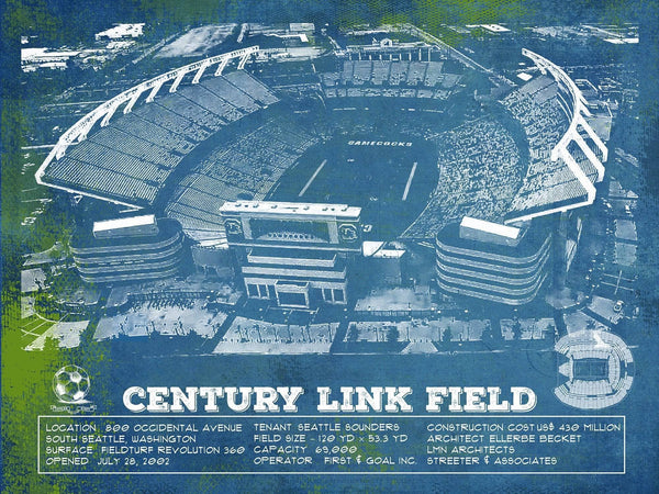 14" x 11" / Unframed Cutler West Williams-Brice Stadium Art - South Carolina Gamecocks - Vintage Blueprint Art Chart