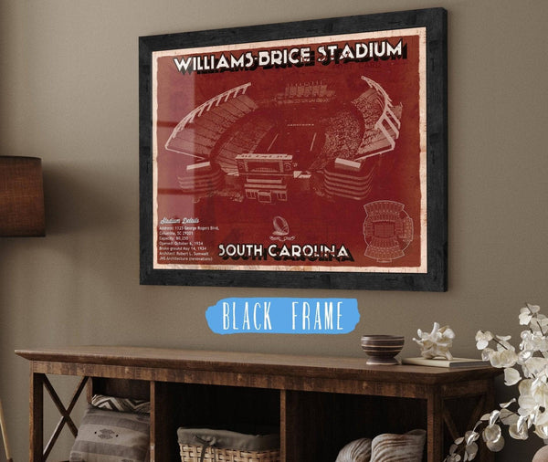 20" x 16" / Black Frame Cutler West Williams-Brice Stadium Art - South Carolina Gamecocks Vintage Blueprint Art Chart