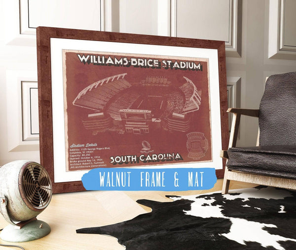 20" x 16" / Walnut Frame & Mat Cutler West Williams-Brice Stadium Art - South Carolina Gamecocks Vintage Blueprint Art Chart