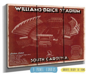 36" x 24" / 3 Panel Canvas Wrap Cutler West Williams-Brice Stadium Art - South Carolina Gamecocks Vintage Blueprint Art Chart