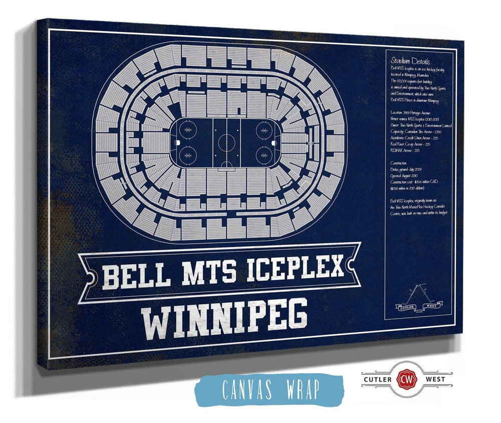 14" x 11" / Stretched Canvas Wrap Cutler West Winnipeg Jets Bell MTS Iceplex Seating Chart - Vintage Hockey Print