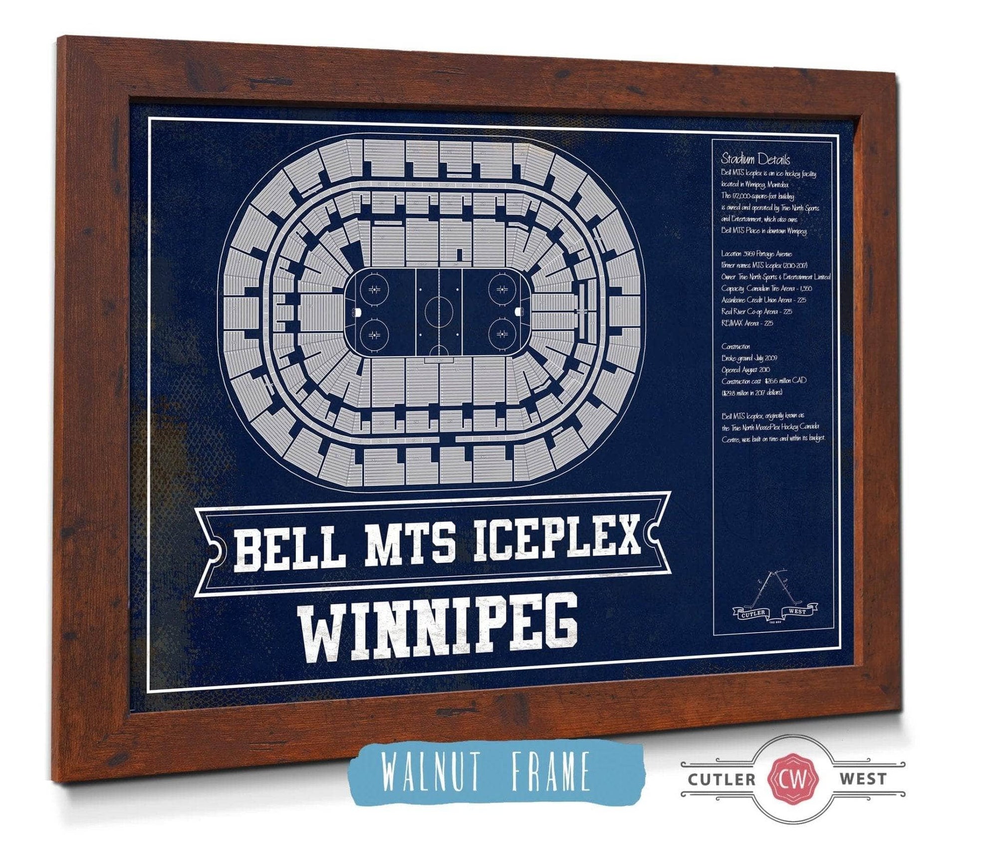 Cutler West 14" x 11" / Walnut Frame Winnipeg Jets Bell MTS Iceplex Seating Chart - Vintage Hockey Print 933350242-14"-x-11"81845
