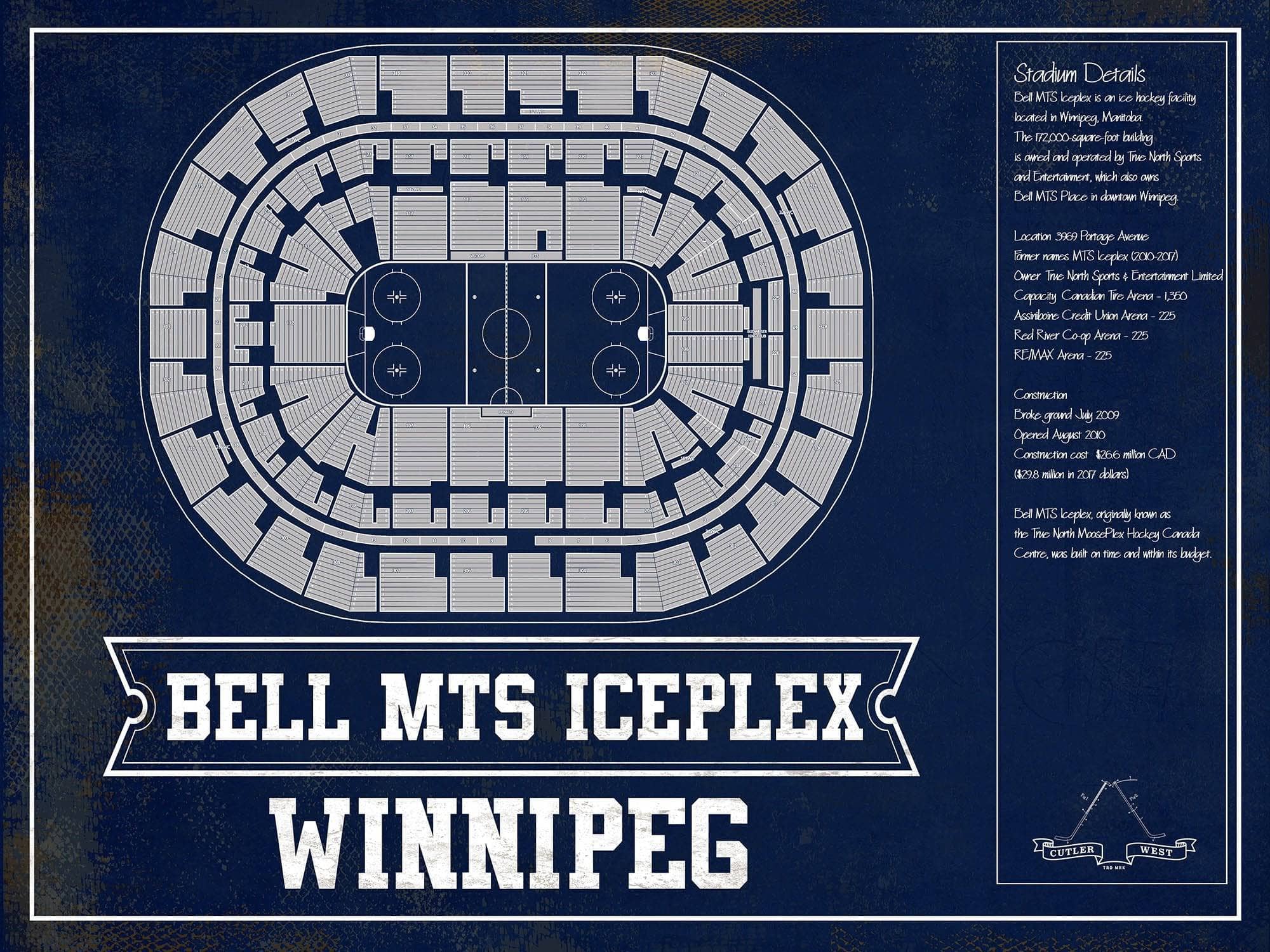 Cutler West 14" x 11" / Unframed Winnipeg Jets Bell MTS Iceplex Seating Chart - Vintage Hockey Print 933350242-14"-x-11"81842