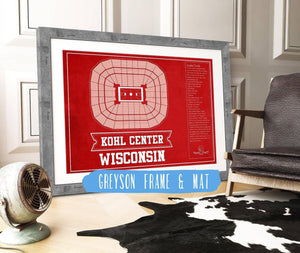 14" x 11" / Greyson Frame & Mat Cutler West Wisconsin Badgers Team Color Kohl Center Seating Chart Vintage Art Print