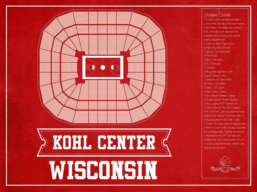 14" x 11" / Stretched Canvas Wrap Cutler West Wisconsin Badgers Team Color Kohl Center Seating Chart Vintage Art Print