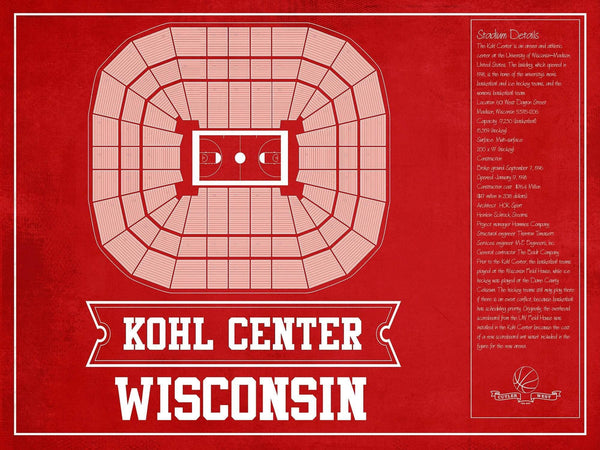 14" x 11" / Unframed Cutler West Wisconsin Badgers Team Color Kohl Center Seating Chart Vintage Art Print