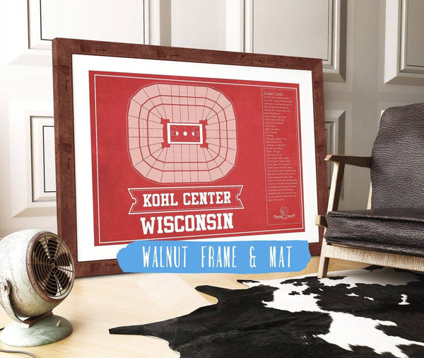 20" x 16" / Walnut Frame & Mat Cutler West Wisconsin Badgers Team Color Kohl Center Seating Chart Vintage Art Print