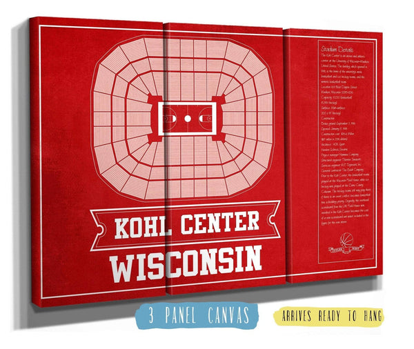 36" x 24" / 3 Panel Canvas Wrap Cutler West Wisconsin Badgers Team Color Kohl Center Seating Chart Vintage Art Print