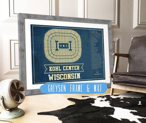 14" x 11" / Greyson Frame & Mat Cutler West Wisconsin Badgers Wisconsin Kohl Center Seating Chart Vintage Art Print