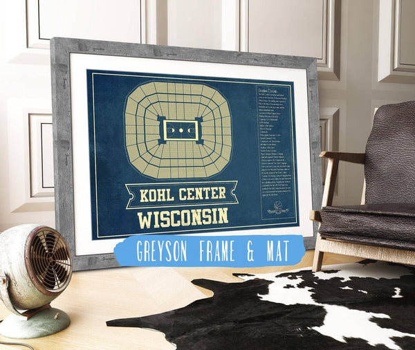14" x 11" / Greyson Frame & Mat Cutler West Wisconsin Badgers Wisconsin Kohl Center Seating Chart Vintage Art Print