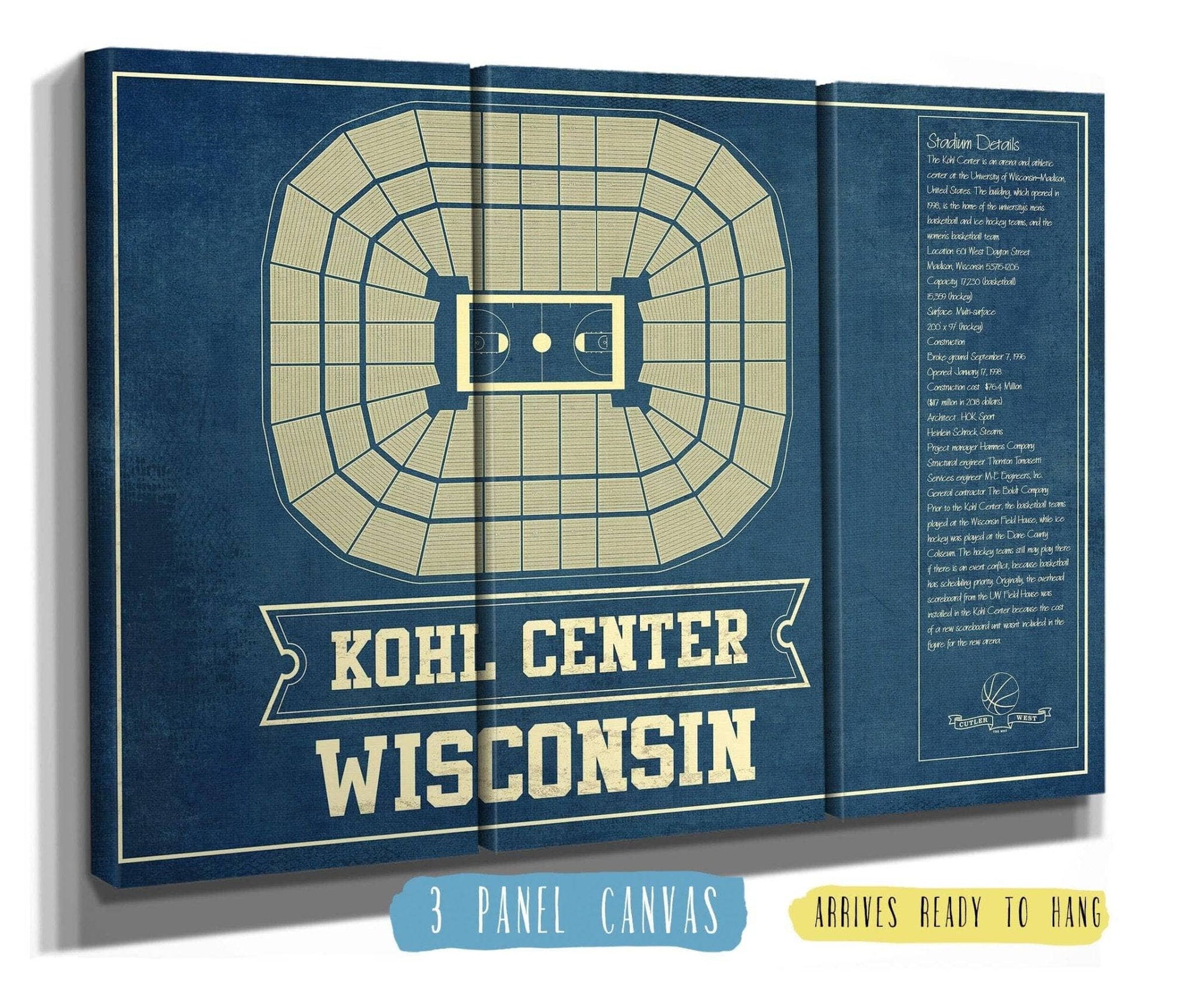Cutler West 48" x 32" / 3 Panel Canvas Wrap Wisconsin Badgers Wisconsin Kohl Center Seating Chart Vintage Art Print 93335020985258