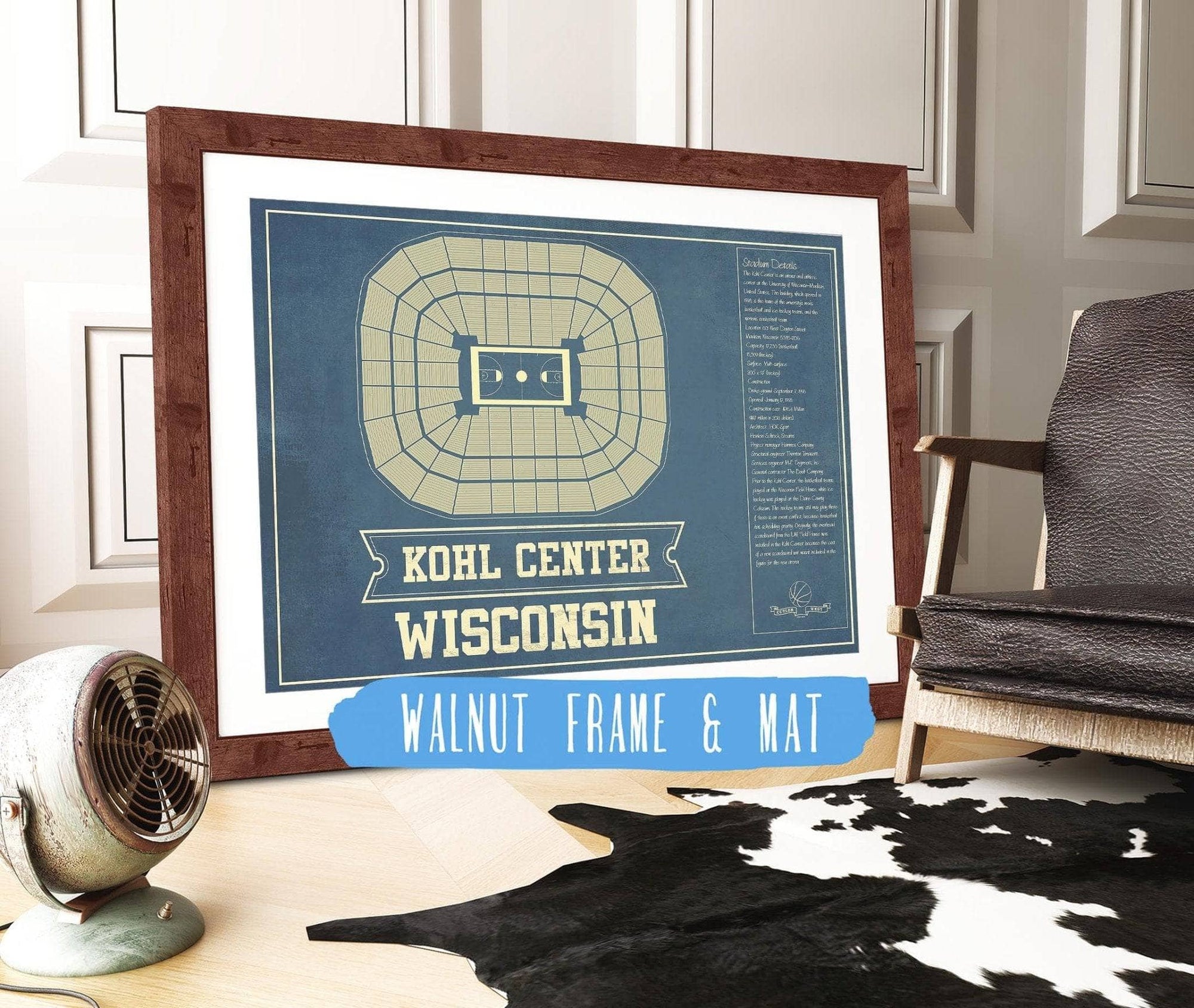 Cutler West 14" x 11" / Walnut Frame & Mat Wisconsin Badgers Wisconsin Kohl Center Seating Chart Vintage Art Print 93335020985212