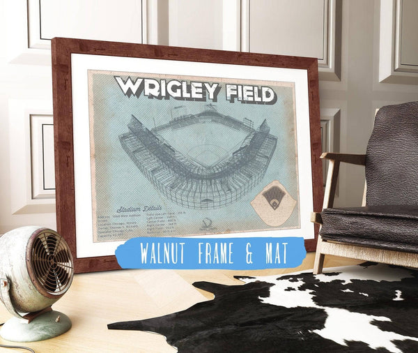 20" x 16" / Walnut Frame & Mat Cutler West Wrigley Field Art- Chicago Cubs Baseball Vintage Print