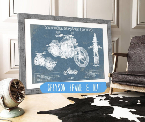 14" x 11" / Greyson Frame & Mat Cutler West Yamaha Stryker (2012) Vintage Blueprint Motorcycle Patent Print
