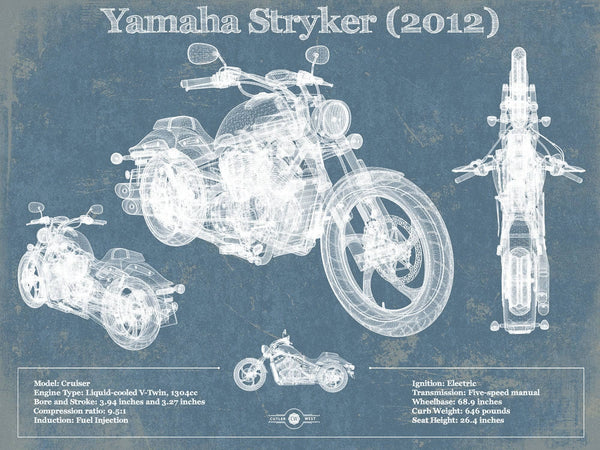 14" x 11" / Unframed Cutler West Yamaha Stryker (2012) Vintage Blueprint Motorcycle Patent Print