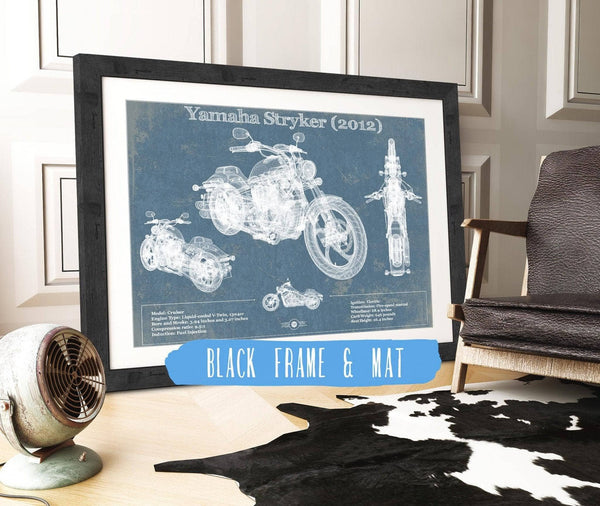 20" x 16" / Black Frame & Mat Cutler West Yamaha Stryker (2012) Vintage Blueprint Motorcycle Patent Print