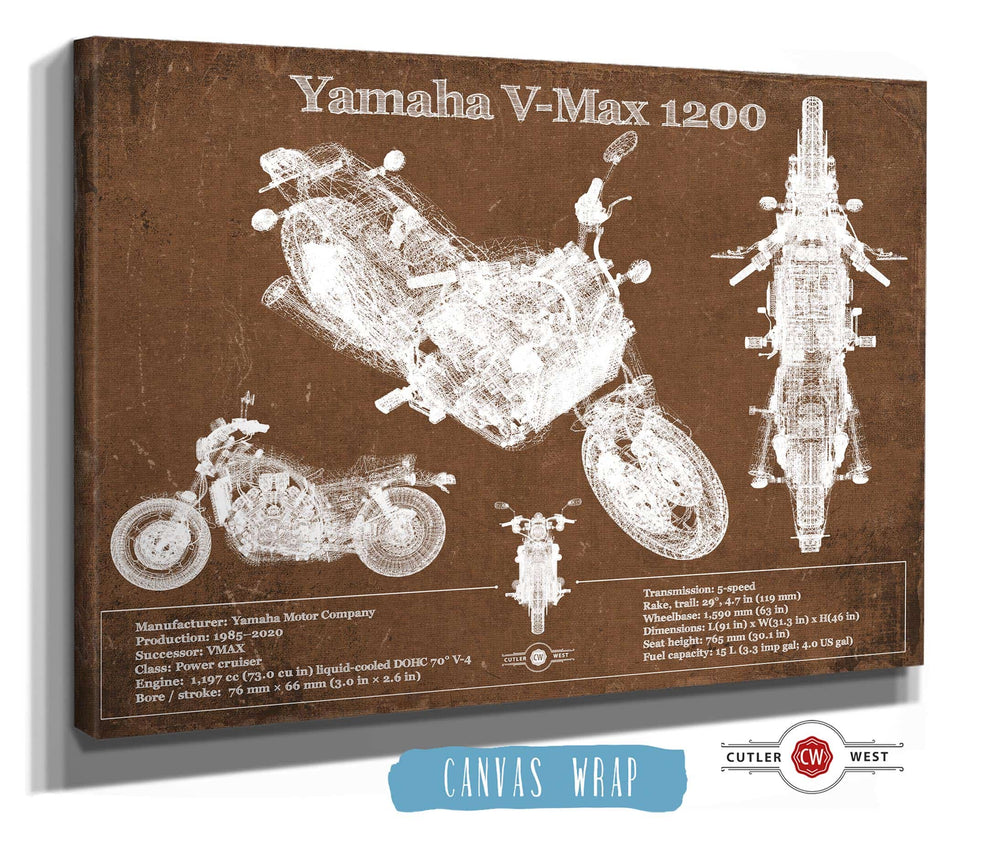 14" x 11" / Stretched Canvas Wrap Cutler West Yamaha V-Max 1200 Blueprint Vintage Motorcycle Print
