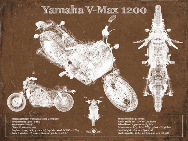 14" x 11" / Unframed Cutler West Yamaha V-Max 1200 Blueprint Vintage Motorcycle Print