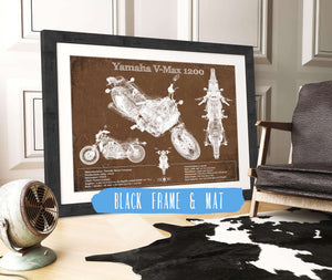 20" x 16" / Black Frame & Mat Cutler West Yamaha V-Max 1200 Blueprint Vintage Motorcycle Print