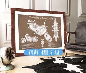 20" x 16" / Walnut Frame & Mat Cutler West Yamaha V-Max 1200 Blueprint Vintage Motorcycle Print