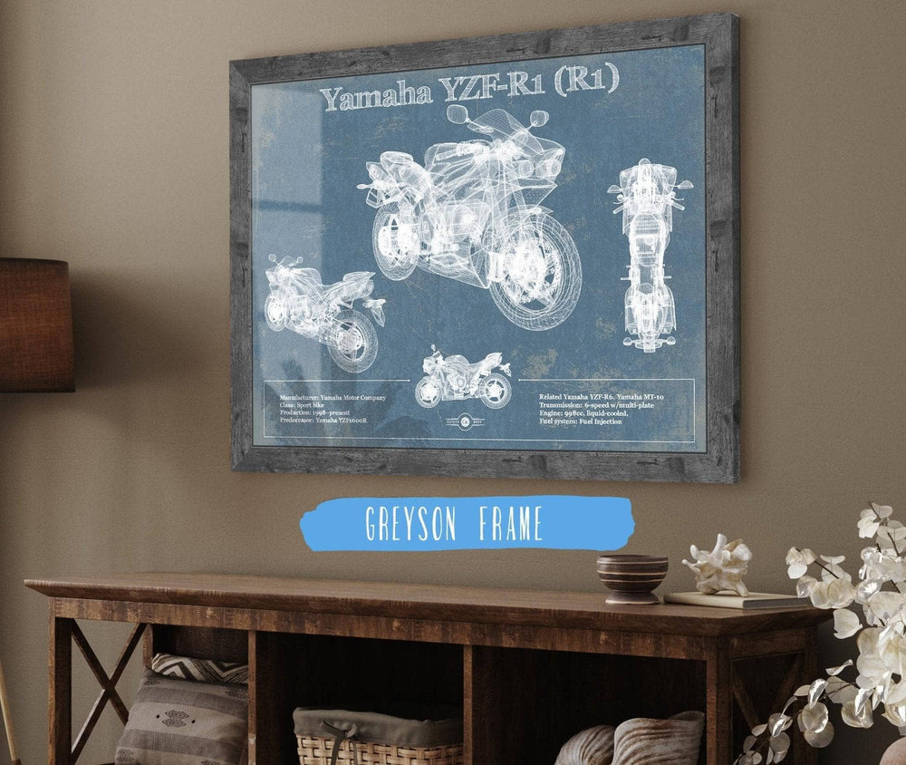 14" x 11" / Stretched Canvas Wrap Cutler West Yamaha YZF-R1 (R1) Blueprint Motorcycle Patent Print