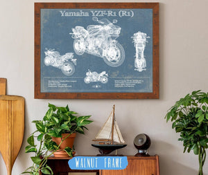 20" x 16" / Walnut Frame Cutler West Yamaha YZF-R1 (R1) Blueprint Motorcycle Patent Print