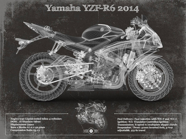 14" x 11" / Unframed Cutler West Yamaha YZF-R6 2014 Blueprint Motorcycle Patent Print