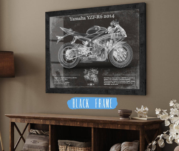 20" x 16" / Black Frame Cutler West Yamaha YZF-R6 2014 Blueprint Motorcycle Patent Print
