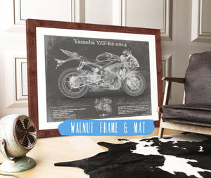 20" x 16" / Walnut Frame & Mat Cutler West Yamaha YZF-R6 2014 Blueprint Motorcycle Patent Print