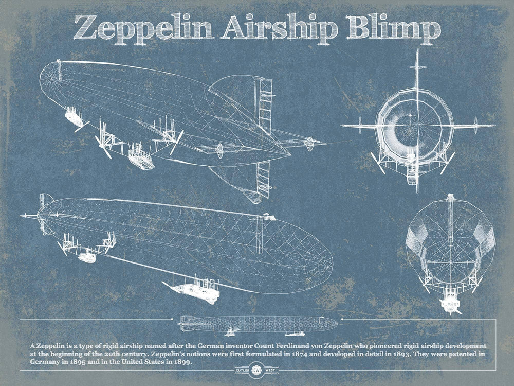 14" x 11" / Stretched Canvas Wrap Cutler West Zeppelin Airship Blimp Blueprint Original Wall Art